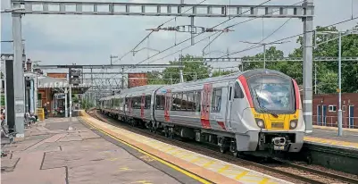  ?? Keith Partlow ?? Just 10 days after John and Baard's timed Class 720 trip, the same units, Nos. 720537+720511, pause at Shenfield on July 9, working the 2F39 12.35 Colchester Town-London Liverpool Street.