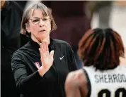  ?? David Zalubowski/Associated Press ?? Stanford head coach Tara VanDerveer, left, congratula­tes Colorado guard Jaylyn Sherrod, right, after the second overtime during a game on Feb. 23 in Boulder, Colo.