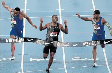  ?? Picture: JAMIE SQUIRE / GETTY IMAGES NORTH AMERICA / AFP) ?? SPEED MERCHANT: Christian Coleman crosses the finish line to win the men's 100m final during the 2019 USATF Outdoor Championsh­ips at Drake
Stadium in Des Moines, Iowa