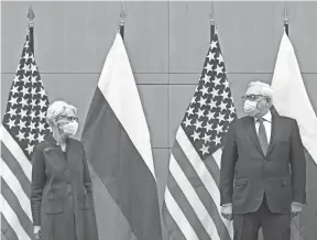  ?? ?? U.S. Deputy Secretary of State Wendy Sherman, right, and Russian Deputy Foreign Minister Sergei Ryabkov meet in Geneva on Monday.