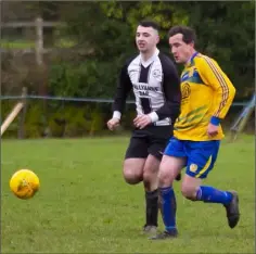  ??  ?? Brian Lynch of Shelburne United in a race for possession against Skryne Tara in the LFA Shield semi-final.