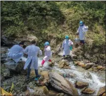  ??  ?? A team of health workers cross a stream to reach the villages on the upper reaches June 22 during a covid-19 vaccinatio­n drive in Gund, northeast of Srinagar.