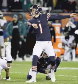  ?? GETTY IMAGES ?? Cody Parkey follows the flight of his missed ‘‘double doink’’ field goal in the Bears’ wild-card playoff loss to the Eagles in January 2019.