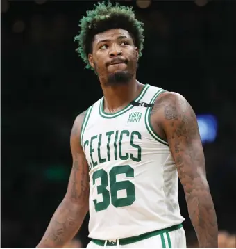  ?? NANCY LANE PHOTOS / HERALD STAFF FILE ?? OFFICIALLY IFFY: Marcus Smart reacts during the second quarter of the Celtics’ 109-81 win in Game 7 of the Eastern Conference semifinals against the Milwaukee Bucks at TD Garden on Sunday.