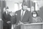  ?? MAX GERSH / THE COMMERCIAL APPEAL ?? Shelby County Mayor Lee Harris speaks during a news conference announcing the Mask Up Memphis campaign in June at the Whitehaven branch of the Memphis Public Library.