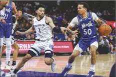  ?? KEVIN KOLCZYNSKI/AP ?? MEMPHIS GRIZZLIES GUARD SCOTTY PIPPEN JR. (1) defends against Orlando Magic guard Cole Anthony (50) during the first half of a game on Saturday in Orlando, Fla.