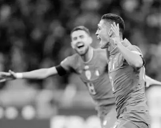  ?? AP ?? Italy’s Giacomo Raspadori (right) celebrates after scoring his side’s winning goal during the UEFA Nations League match between Italy and England at the San Siro stadium, in Milan, Italy yesterday.