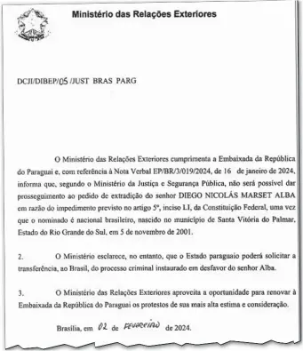  ?? ?? Facsímil de la nota remitida por la Cancillerí­a brasileña a la Embajada de Paraguay en Brasilia.