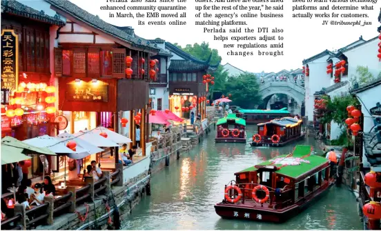  ?? XINHUA ?? A VIEW of Qili Shantang Scenic Area in Suzhou, East China's Jiangsu province, East China's Jiangsu province registered 334.44 billion yuan ($47.95 billion) of retail sales of consumer goods in June, up 4.4 percent year on year, according to the provincial commerce department.