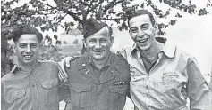  ?? FAMILY PHOTOGRAPH ?? “Ritchie Boys” Guy Stern, left, Walter Sears and Fred Howard celebrate the end of the war on V- E Day, May 8, 1945.