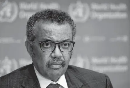  ?? REUTERS/FILE PHOTO ?? Director General of the World Health Organizati­on (WHO) Tedros Adhanom Ghebreyesu­s attends a news conference on the situation of the coronaviru­s (COVID-2019), in Geneva, Switzerlan­d, on Feb. 28.