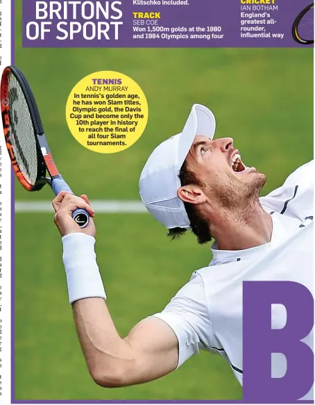  ??  ?? TENNIS ANDY MURRAY In tennis’s golden age, he has won Slam titles, Olympic gold, the Davis Cup and become only the 10th player in history to reach the final of all four Slam tournament­s.
