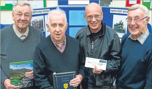  ??  ?? Scotex, the annual show of the Scottish Philatelic Trade Associatio­n, was held at Perth’s Dewar’s Rinks. Exhibitors from all over the country were present and Perth Philatelic Society members there included, from left, Bob Wallace, Tony Cochrane,...