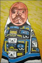  ??  ?? Clockwise from left: “Handsome” or as it is referred to by its Mi‘gmaq name, We
liankamkus­it; according to Jonathan, “Copper Mask” represents his best use of copper paint to date; in ”Raven Under a Mi’gmaq Sky,“one of his largest canvasses, he ponders...