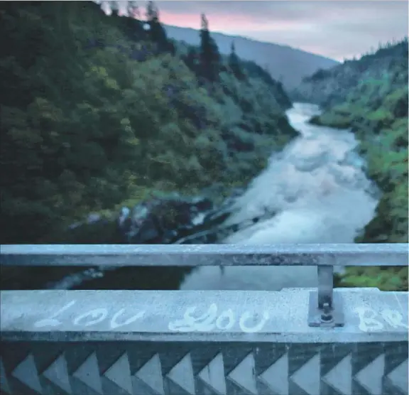  ??  ?? GRAFFITI on Martin’s Ferry bridge crossing the Klamath River. For hundreds of years, the Yurok survived off the river’s Chinook and coho salmon, steelhead and cutthroat t