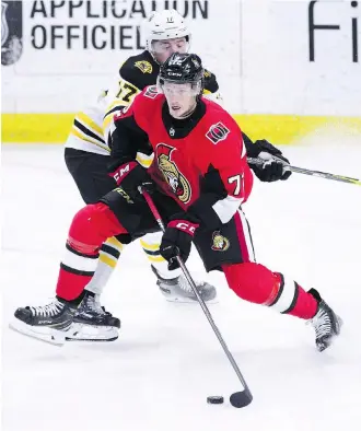  ?? SEAN KILPATRICK/THE CANADIAN PRESS ?? Rookie defenceman Thomas Chabot has been able to fill the void left by the trade of Erik Karlsson with seven goals and 22 assists in 25 games with the Senators.