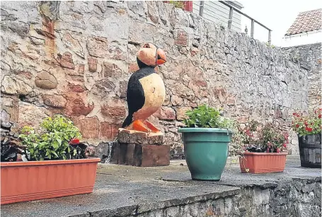  ??  ?? The popular wooden sculpture sits among a floral display on James Street, Cellardyke.