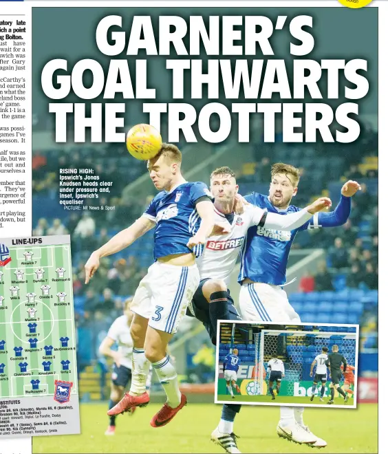  ?? PICTURE: MI News & Sport ?? RISING HIGH: Ipswich’s Jonas Knudsen heads clear under pressure and, inset, Ipswich’s equaliser