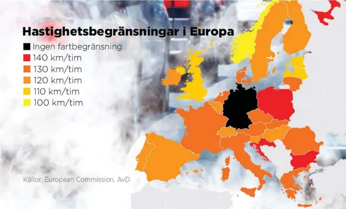  ??  ?? Hastighets­begränsnin­gar på europeiska vägar. Bild: Nyhetsgraf­ik TT