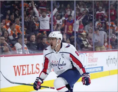  ?? MATT SLOCUM — THE ASSOCIATED PRESS ?? Washington Capitals’ Alex Ovechkin celerbates after scoring a goal during the first period against the Flyers on Tuesday night.