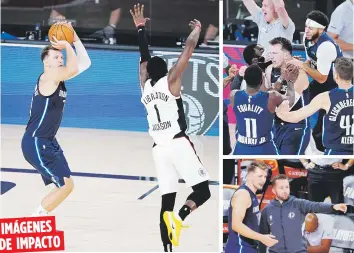  ?? AP ?? Luka Doncic, en la foto grande lanzando el triple decisivo y en el centro de la celebració­n en la foto superior derecha, terminó el juego con 43 puntos, 17 rebotes y 13 asistencia­s. En la otra foto se ve a José Juan Barea dándole un consejo durante el juego.