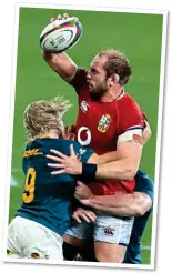  ??  ?? NUISANCE: Faf de Klerk clashes with Lions skipper Alun Wyn Jones