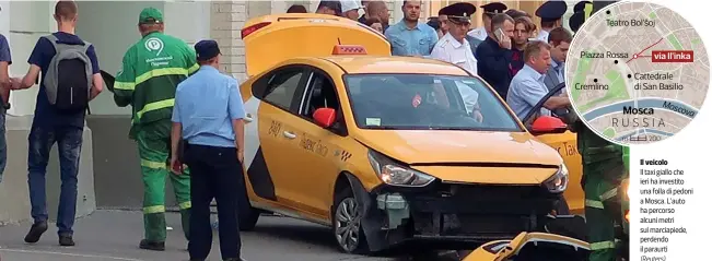  ??  ?? Il veicolo
Il taxi giallo che ieri ha investito una folla di pedoni a Mosca. L’auto ha percorso alcuni metri sul marciapied­e, perdendo il paraurti