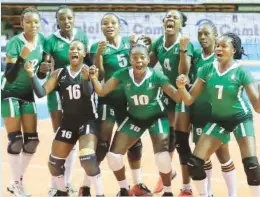  ??  ?? Nigerian players celebrate after beating Congo DR at the 2017 Africa Women Volleyball championsh­ip in Cameroon