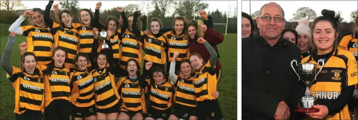  ??  ?? The Rathnure players give full vent to their delight after Saturday’s success in Bunclody. Ashlynn O’Leary receives the cup from Ger Redmond.