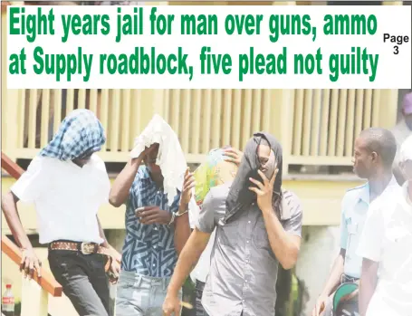  ??  ?? Some of the accused being escorted out of the Providence Magistrate’s Court yesterday. From left are Mark Prince, Mervin Blackman, Edward Skeete and Renhart Khan.