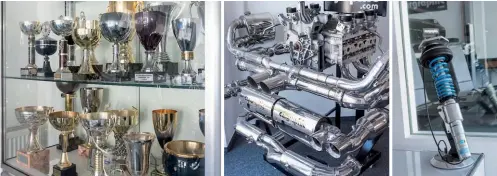  ??  ?? A full trophy cabinet is always a reassuring sign because winning anything always involves being at the top of your game. Middle: Cargraphic systems shout quality. Right: Cargraphic fit and recommend Bilstein