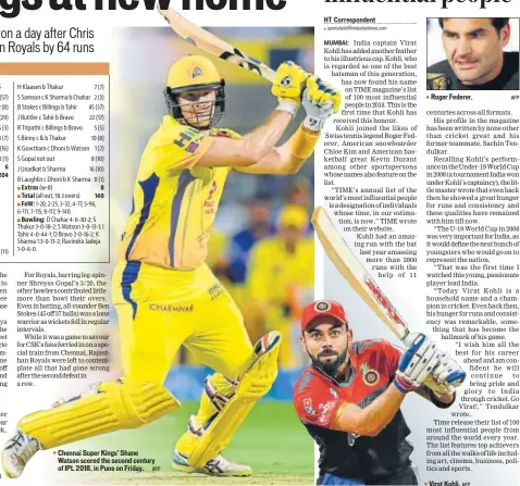  ?? AFP AFP ?? ▪ Chennai Super Kings’ Shane Watson scored the second century of IPL 2018, in Pune on Friday. Virat Kohli.