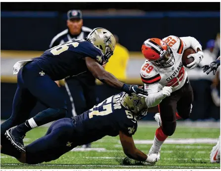  ?? JONATHAN BACHMAN / GETTY IMAGES ?? Duke Johnson helped the Browns last season with his rushing and receiving, but he has not seen the ball much through the first two games. He’s hopeful of playing a bigger role Thursday night when the Jets visit.