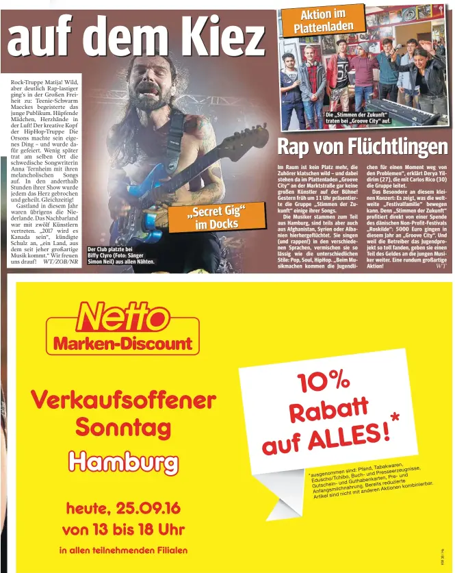  ??  ?? Der Club platzte bei Biffy Clyro (Foto: Sänger Simon Neil) aus allen Nähten. Die „Stimmen der Zukunft“traten bei „Groove City“auf.