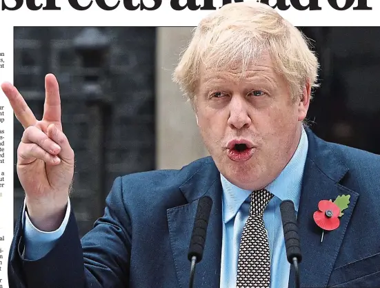  ??  ?? V FOR VICTORY: Boris Johnson emulating his hero Winston Churchill as he launched the Tory Election campaign outside Downing Street last week