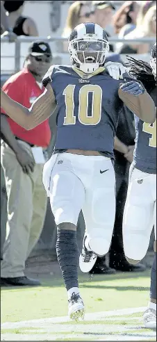  ?? AP ?? Rams’ Pharoh Cooper celebrates his 103-yard touchdown kickoff return against the Jaguars yesterday in Jacksonvil­le.