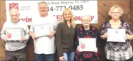  ?? Photo submitted ?? An appreciati­on dinner was held Sunday for the volunteers of the Elk County Salvation Army Service Center. Shown from left to right are Ben Gess, Gordon Condon, Hope Weichman, Lucy Smith and Gerry Douds.