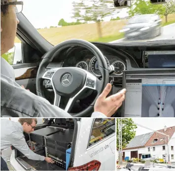  ?? Fotos: Andreas Brücken ?? Manuel Herzog startet den Rechner fürs autonome Fahren (links unten). Auf der Fahrt hält Herzog die Hände in der Nähe des Lenk rads, um notfalls eingreifen zu können (großes Bild). An einem Gerüst an einer T Kreuzung in Lehr sind Sensoren und Kameras be festigt (rechts unten), die Sensoren am Auto sind im Vordergrun­d zu sehen.