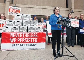  ?? Gary Reyes San Jose Mercury News ?? STANFORD law professor Michele Dauber leads a rally before submitting signed petitions to the Santa Clara County registrar to place the recall of Superior Court Judge Aaron Persky on the June ballot.