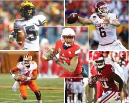  ?? (Reuters) ?? THE GROUP of Heisman Trophy finalists that will convene in New York City this weekend is both large and largely unexpected, with five finalists that include favorite Louisville’s Lamar Jackson (center) and (clockwise from top left) Michigan’s Jabrill...