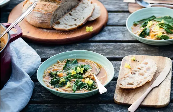  ?? PHOTOS: NICOLA GALLOWAY ?? Tuscan soup with brassica shoots can be finished two different ways, with the addition of spaghetti or chunks of bread.