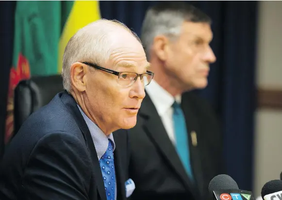  ?? KAYLE NEIS ?? Former Saskatoon police chief Clive Weighill takes questions from the media about his appointmen­t as the province’s new chief coroner, which will take effect Sept. 15.