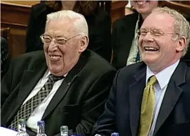  ??  ?? Chuckle Brothers: McGuinness enjoying a joke with Ian Paisley