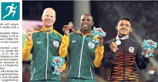  ?? — Reuters ?? Record-breaker: Muhd Afiq Mohamad Ali Hanafiah (right) is all smiles as he poses with South Africa’s gold medallist Ndodomzi Ntutu (centre) and silver medallist Hilton Langenhove­n in the men’s 100m T12 event yesterday.