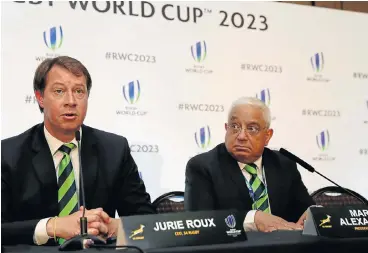  ??  ?? Surprise announceme­nt: SA Rugby CEO Jurie Roux, left, and the organisati­on’s president, Mark Alexander, face the media after Wednesday’s bid announceme­nt in which France was awarded hosting rights to the 2023 Rugby World Cup. /Reuters