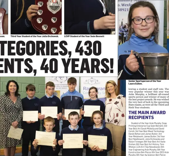  ??  ?? The Second Year Awards. Back: Year head Mary Cullinane, Val Clooney, Patrick O’Brien, Brian Foley, Rachel Kennedy and principal Rachel O’Connor. Front: Seán Furlong, Seán Bennett and Katie Kelly. Senior Sportspers­on of the Year Laura Cullen.