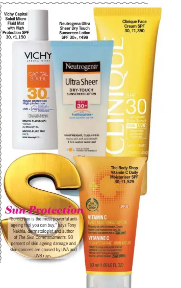  ??  ?? Vichy Capital Soleil Micro Fluid Mat with High Protection SPF
30, ` 1,150 Neutrogena Ultra Sheer Dry Touch Sunscreen Lotion SPF 30+, ` 499 Clinique Face Cream SPF 30, ` 1,350 The Body Shop Vitamin C Daily Moisturise­r SPF
30, ` 1,525