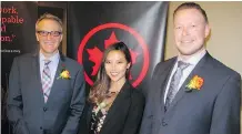  ??  ?? All smiles at the event are, from left, Air Canada’s Serge Corbeil, Fairmont Palliser’s Gloria Kay and Air Canada’s Chase Myhill. Air Canada is the Leaders Award official airline partner.