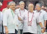  ?? PTI FILE ?? ▪ (From left) CPI(M) general secretary Sitaram Yechury, politburo member Prakash Karat, and other leaders attend the 22nd Congress of the CPI(M) in Hyderabad on Wednesday.