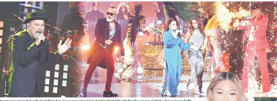  ?? — AFP photos ?? Panamanian singer Ruben Blades (left); Cuban singer-songwriter Gloria Estefan (third left) with Brazilian singers Carlinhos Brown (second left) and Anitta (second right); and Bad Bunny perform onstage during the 22nd Annual Latin Grammy Awards at MGM Grand Garden Arena in Las Vegas, Nevada.
